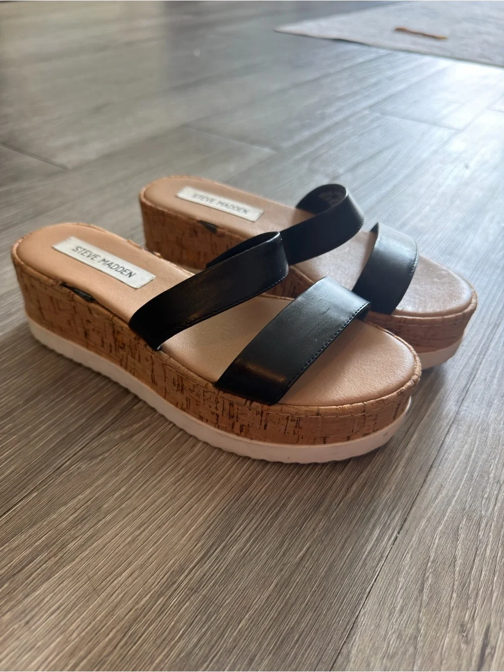 Steve Madden Black Double-Strap Cork Platform Slides